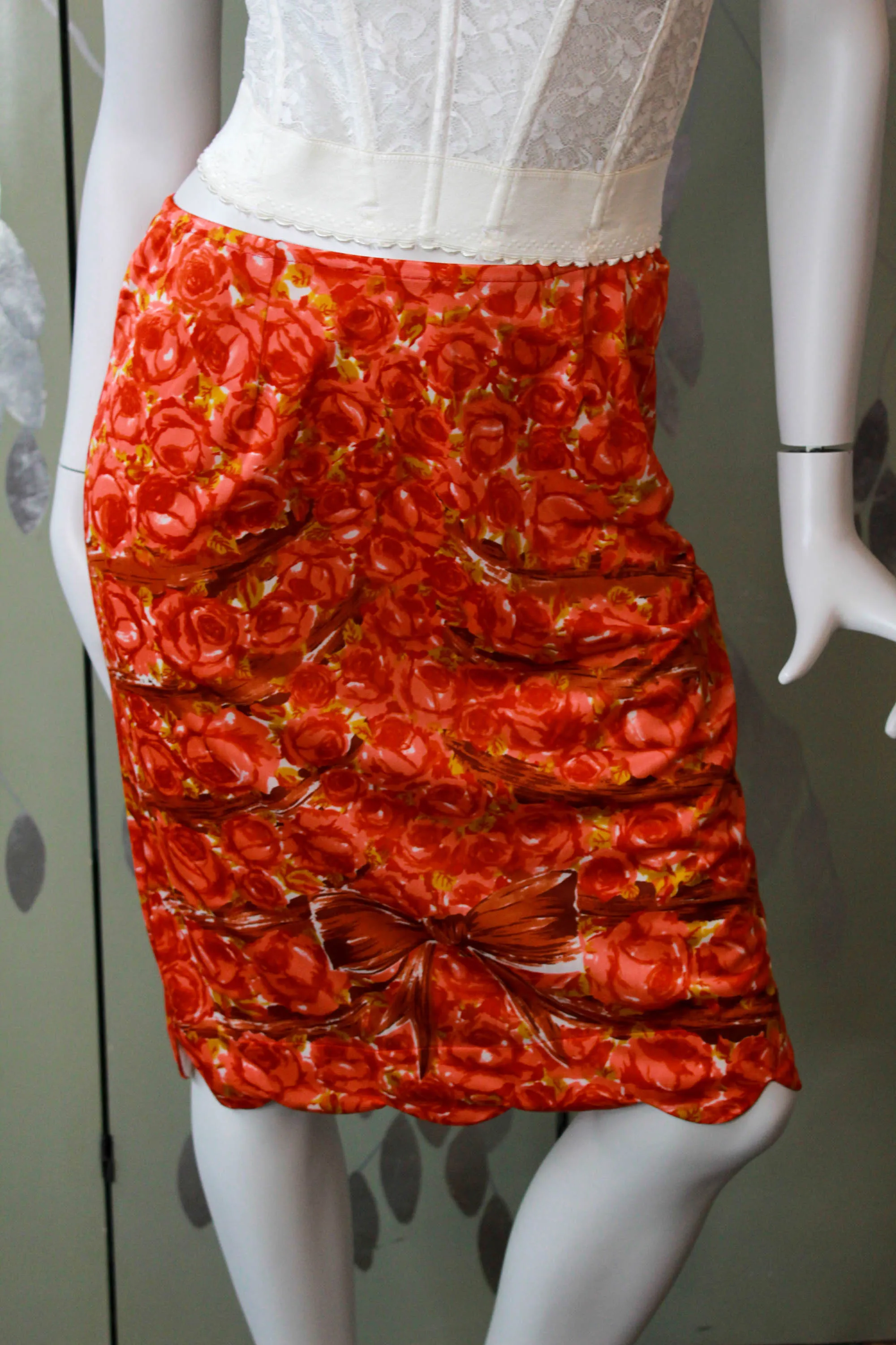 1960s Rose and Bow Print Slip Skirt, Waist 28-30"