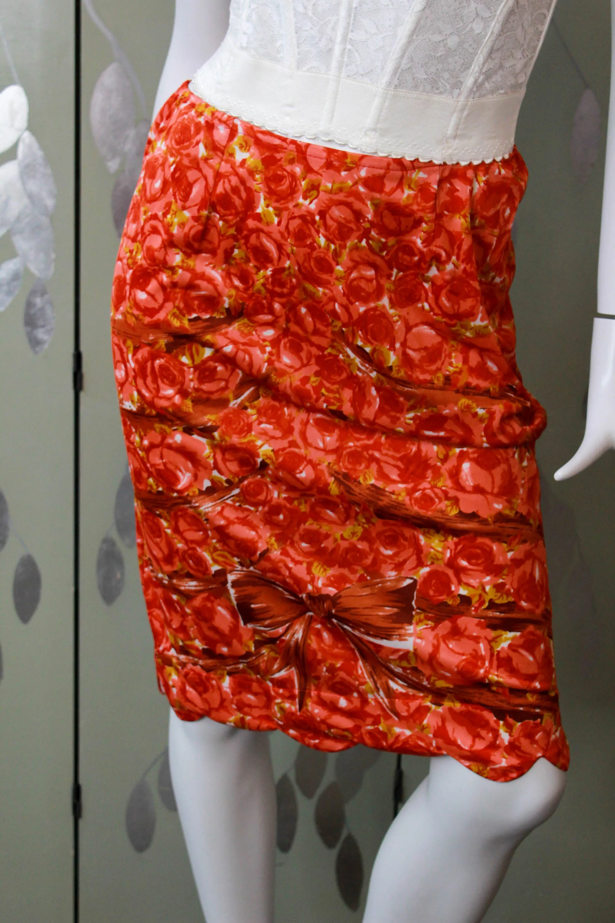 1960s Rose and Bow Print Slip Skirt, Waist 28-30"