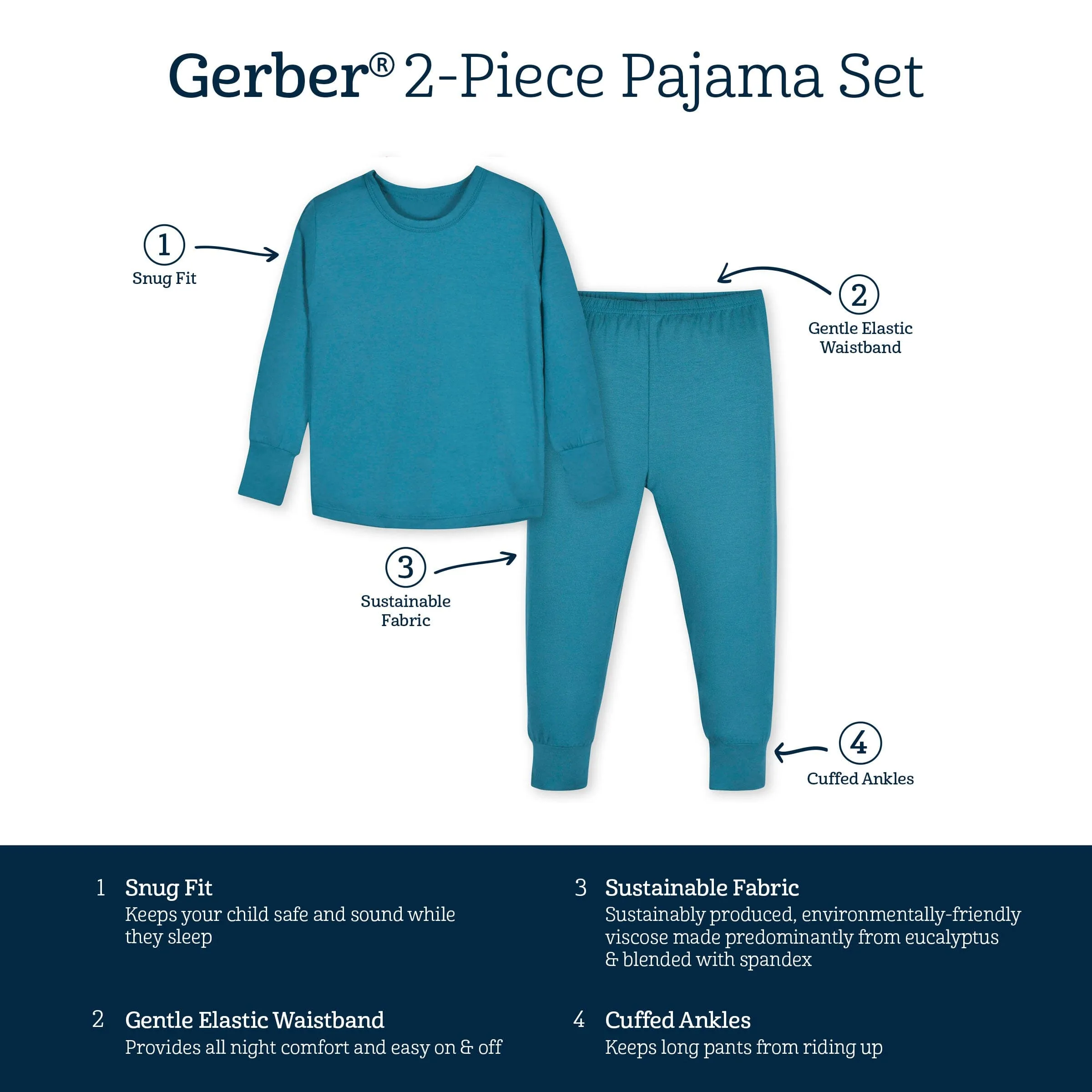 2-Piece Infant & Toddler Ocean Teal Buttery Soft Viscose Made from Eucalyptus Snug Fit Pajamas