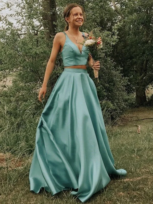 A Line V Neck 2 Pieces Green Satin Long Prom, Two Pieces Green Long Formal Evening