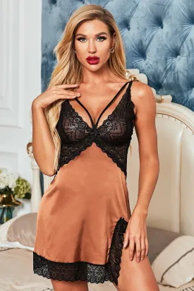 Beige Deep Neck Lace Slit Babydoll