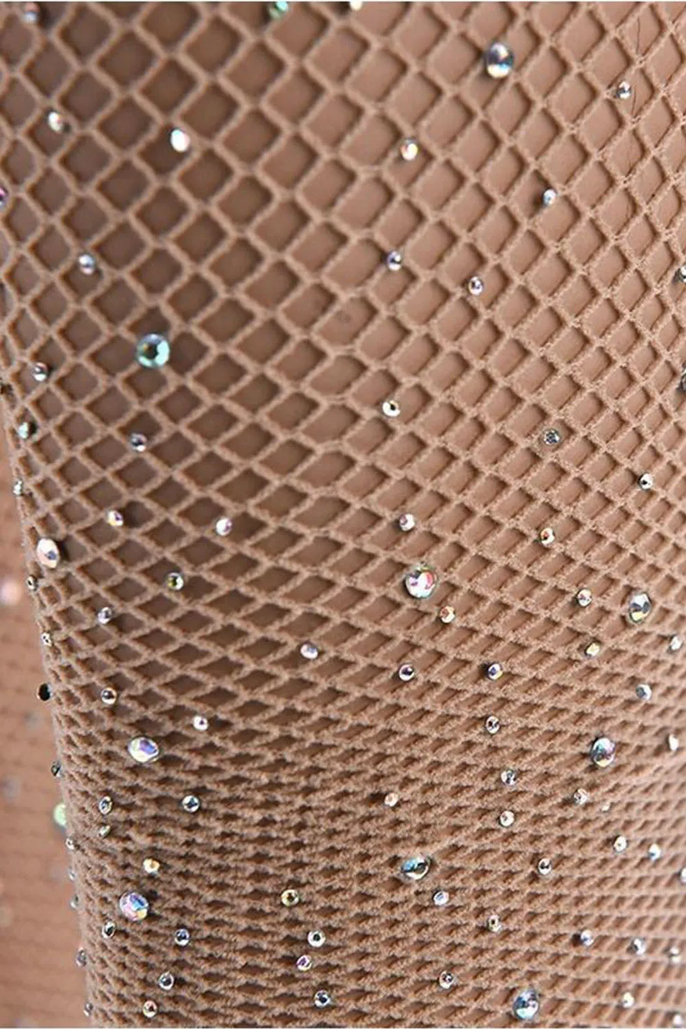 Beige Rhinestone Fishnet Nude Illusion Pantyhose