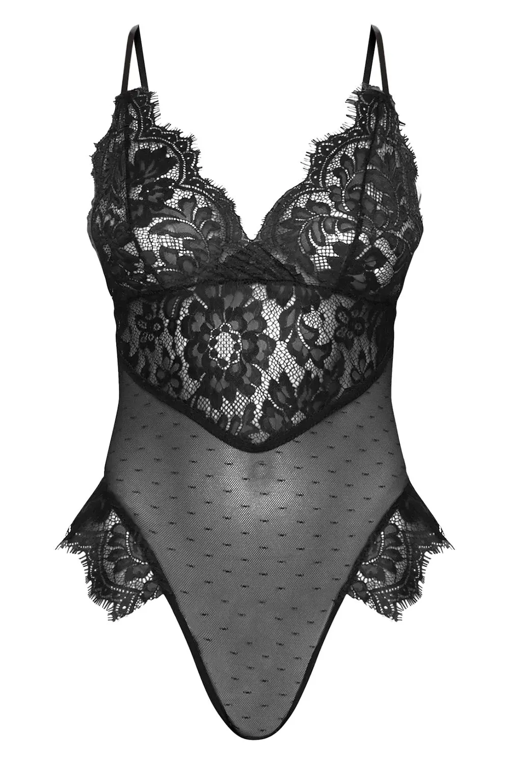 Black Deep Neck Mesh Lace Teddy