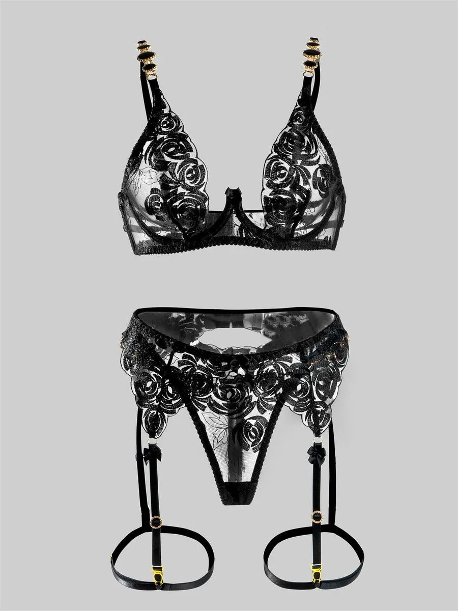 Black Embroidered Sexy Push Up Lingerie Set