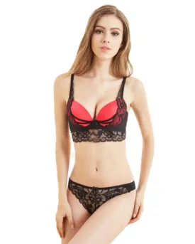 Black Rose Hollow Out Sexy Push Up - Bra Set