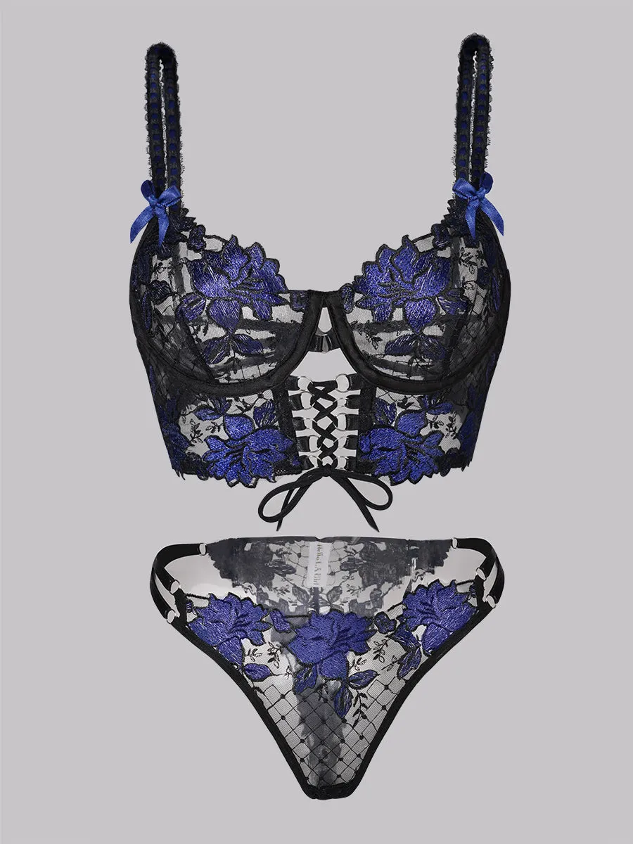 Black&Blue Floral Embroidery Ribbon Lingerie Set