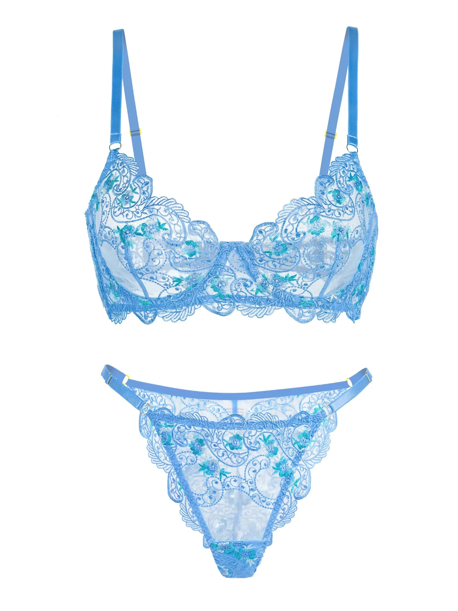 Blue Floral Embroidery Lingerie Set