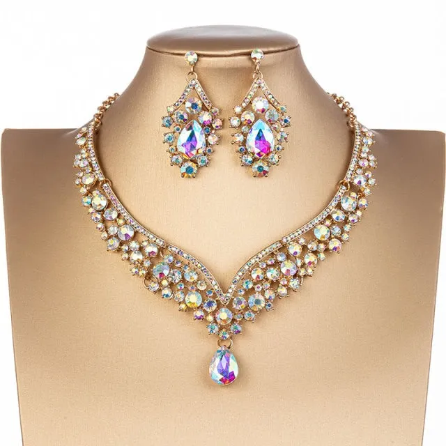 Crystal Water Drop Bridal Jewelry Sets Tiaras Crown Necklace Earrings