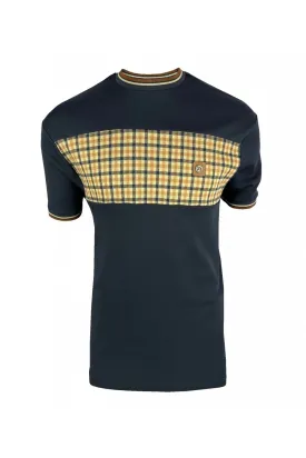 Trojan Records Men's TR8831 Gingham Panel Tee Shirt Navy Blue